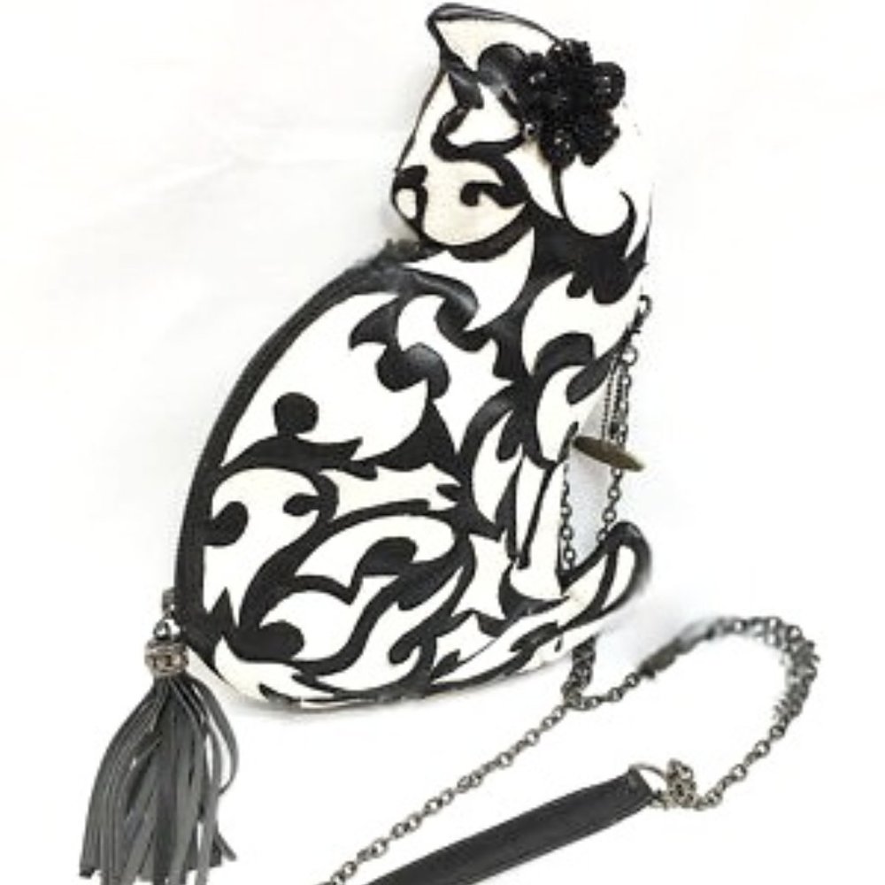 Mary Francis Leather Laser Cut Scroll Cat Kitten Kitty Tassel Crossbody Handbag